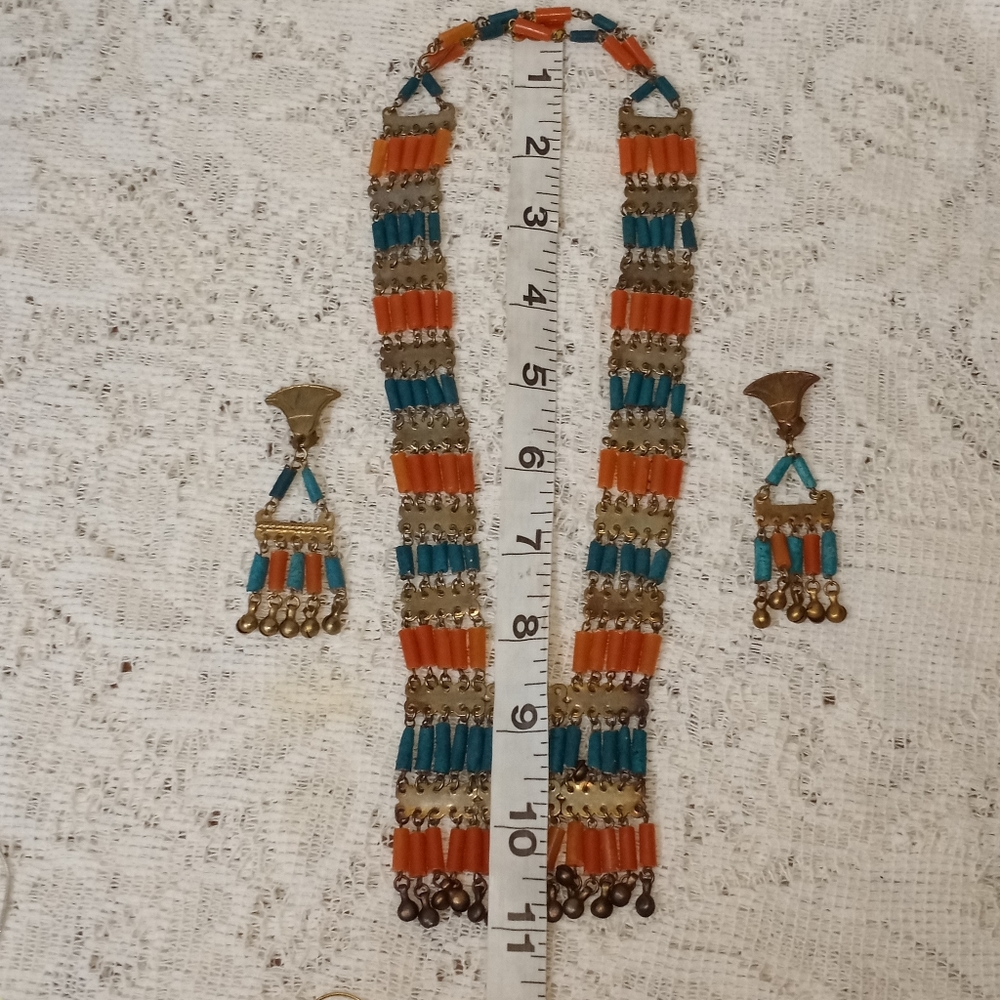 Vintage Mid Century Egyptian Revival Bib Necklace Clip Earring Set Faience